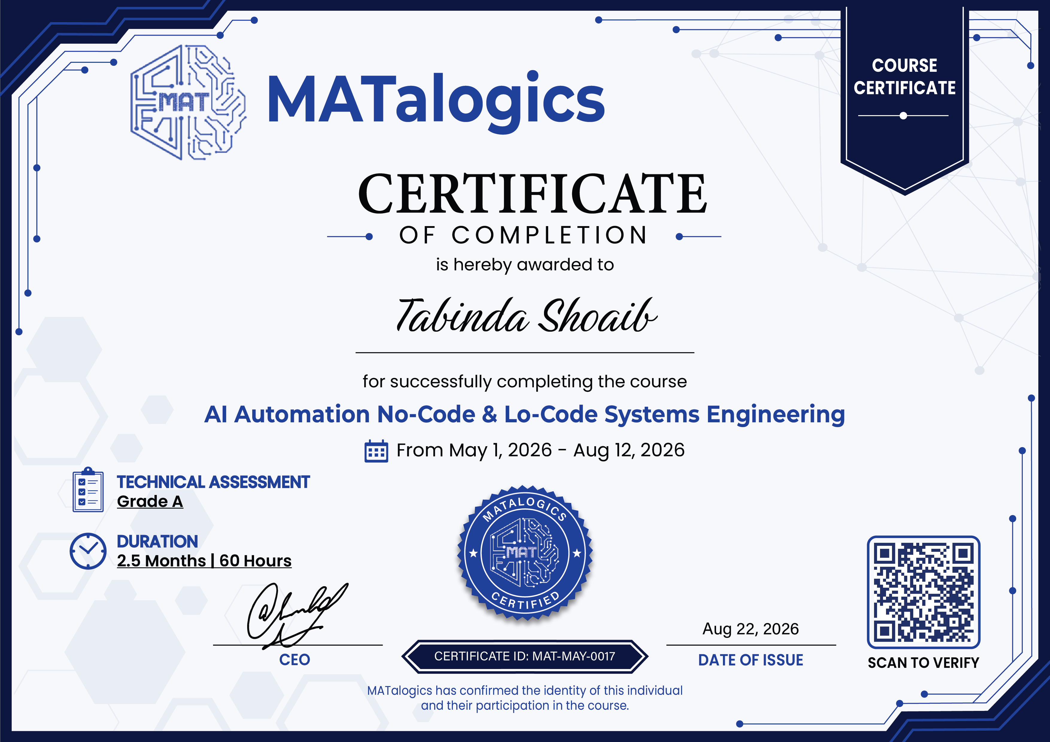 Certificate for Tabinda Shoaib