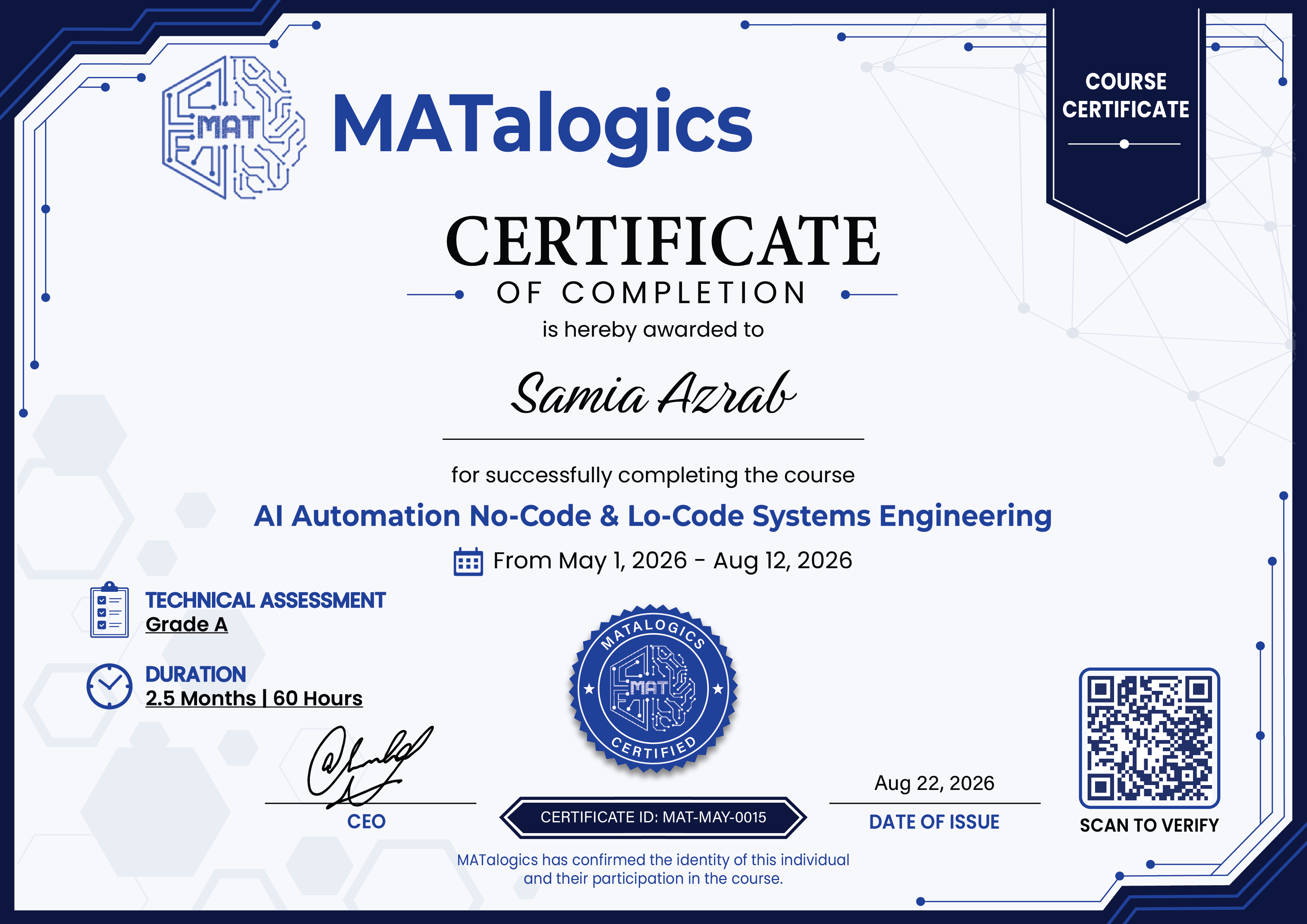 Certificate for Samia Azrab