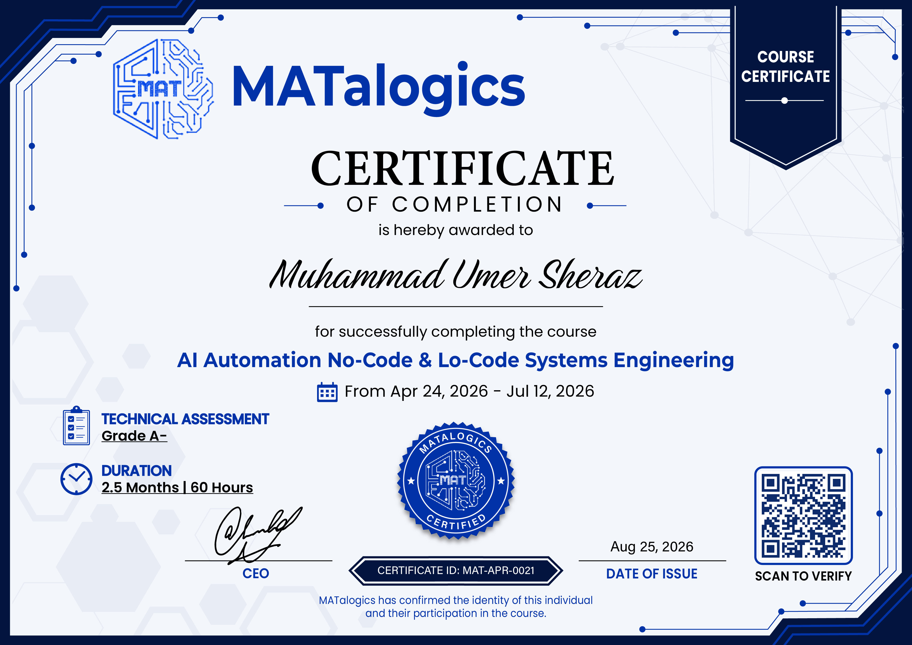 Certificate for Muhammad Umer Sheraz